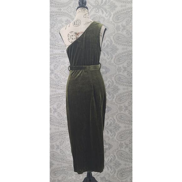 Merokeety Velvet one shoulder green dress Size Medium Goblincore Witchy Cocktail - Picture 3 of 11